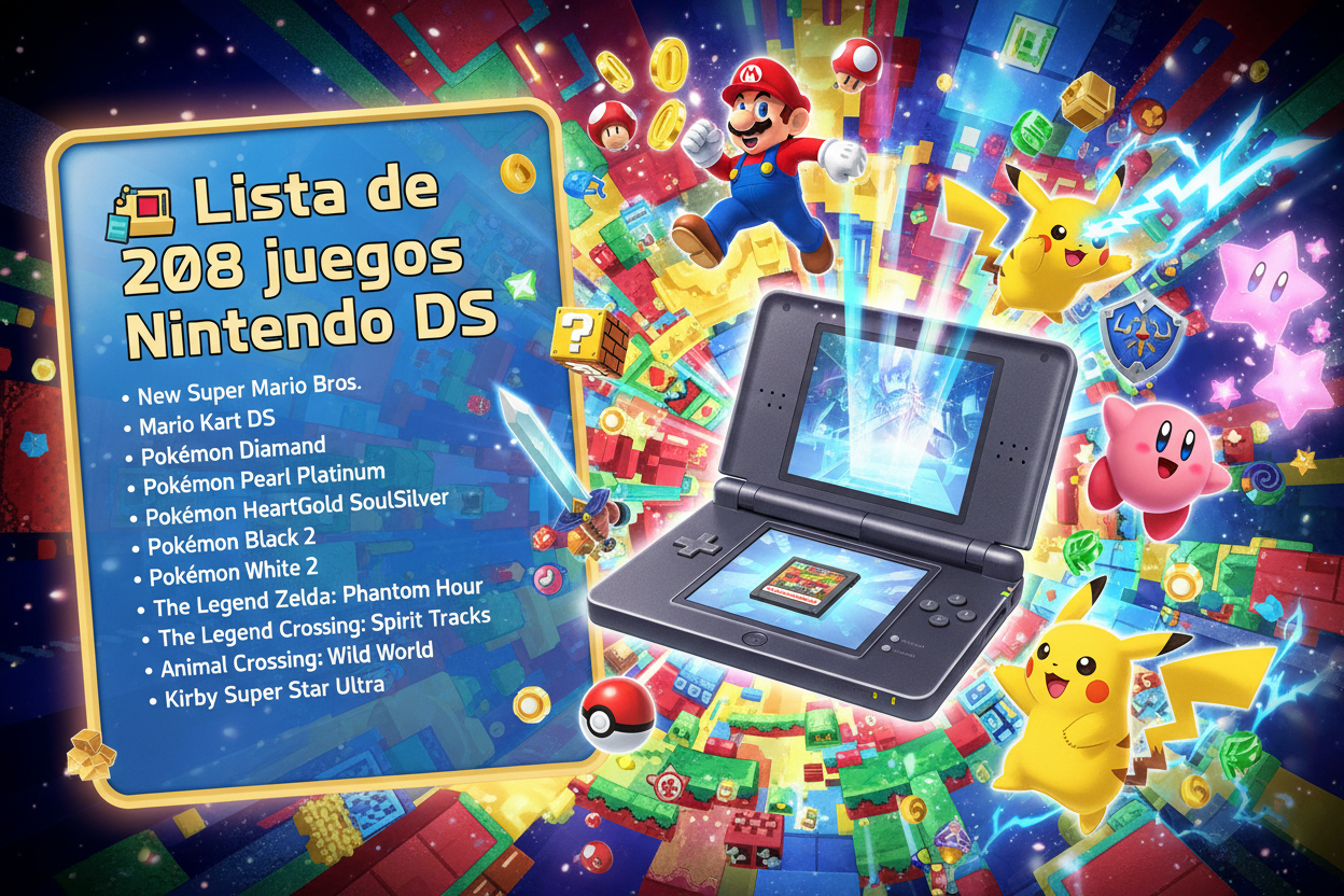 Necesito una imagen Atractiva con tema de nintendo ds y videojuegos que muestrauna lista con todos los juegos jugables los cuales son:🎮 Lista de 208 juegos Nintendo DS

New Super Mario Bros.

Mario Kart DS

Pokémon Diamond

Pokémon Pearl

Pokémon Platinum

Pokémon HeartGold

Pokémon SoulSilver

Pokémon Black

Pokémon White

Pokémon Black 2

Pokémon White 2

The Legend of Zelda: Phantom Hourglass

The Legend of Zelda: Spirit Tracks

Animal Crossing: Wild World

Metroid Prime Hunters

Kirby Super Star Ultra
